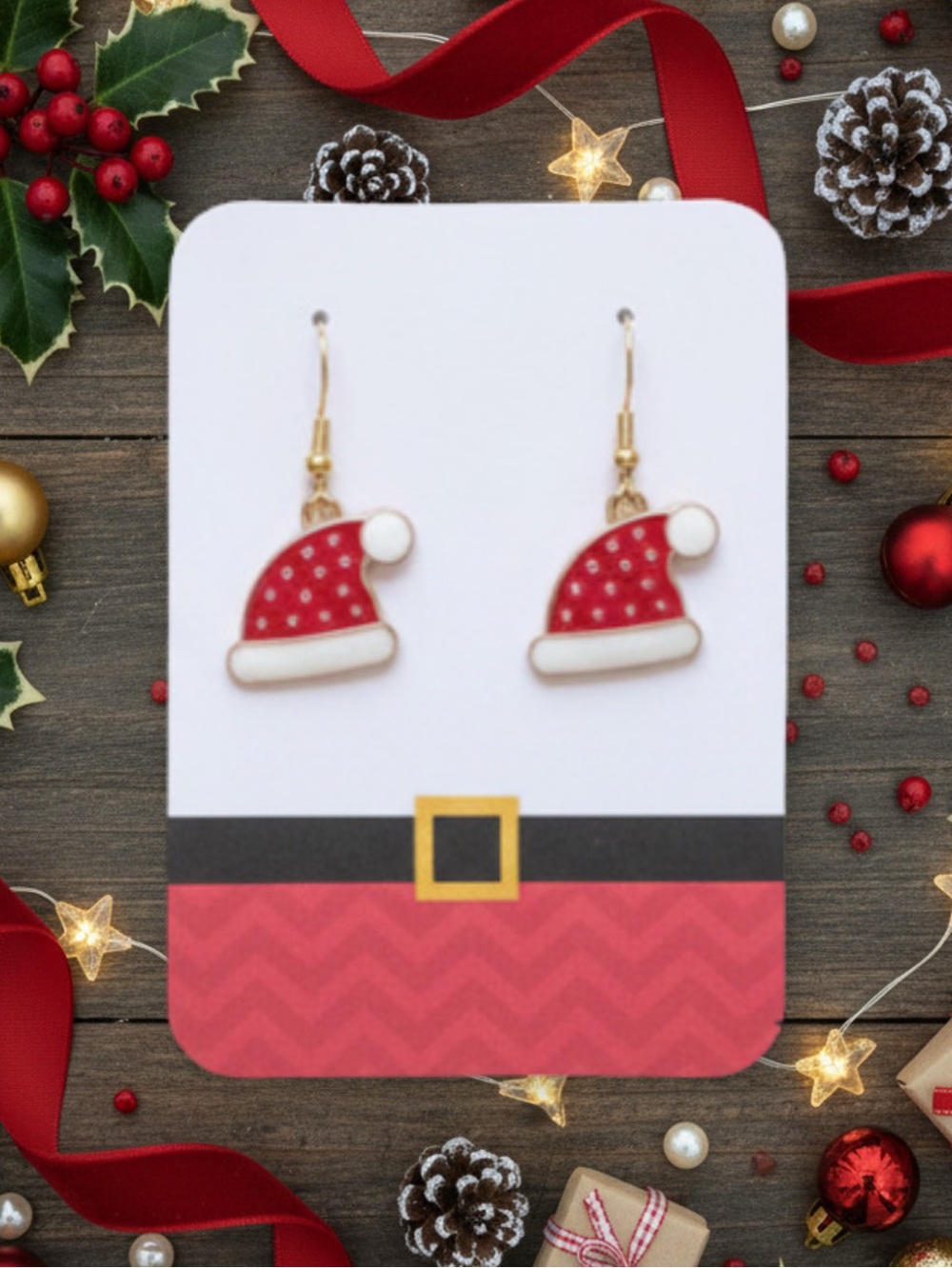 New Handmade “Santa’s Hat” Dangle Earrings (1.4” long x 0.7” wide) (Version 7)